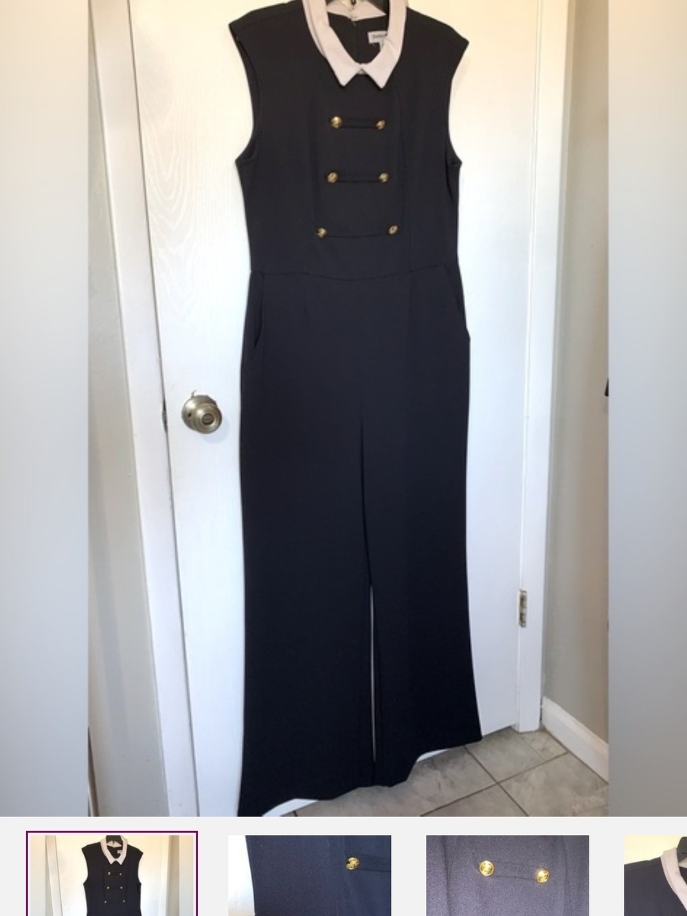 Shelby & Palmer Navy Blue Sleeveless Jumpsuit with White Collar and Gold Buttons